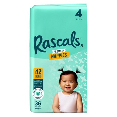 Rascals Premium Taped Nappies, Size 4 (10-15 kg), 36 Count - Hydrolock Core
