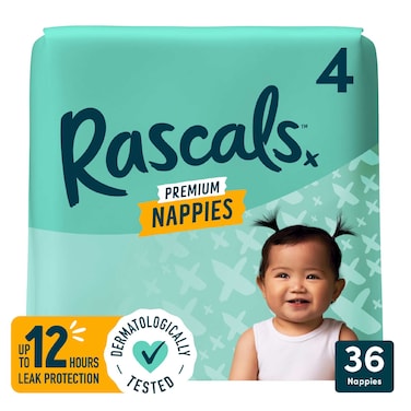 Rascals Premium Taped Nappies, Size 4 (10-15 kg), 36 Count - Hydrolock Core