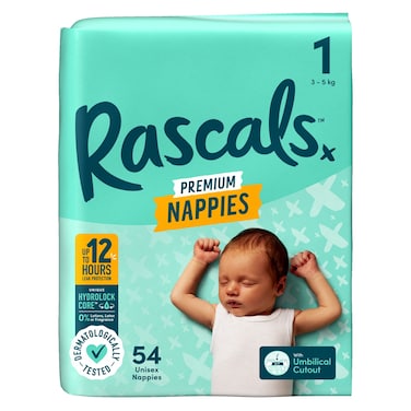 Rascals Premium Taped Nappies, Size 1 (3-5 kg), 54 Count - Hydrolock Core