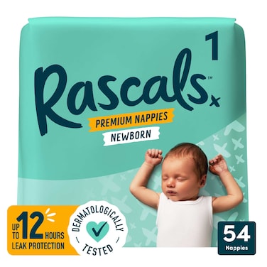 Rascals Premium Taped Nappies, Size 1 (3-5 kg), 54 Count - Hydrolock Core