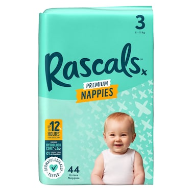 Rascals Premium Taped Nappies, Size 3 (6-11 kg), 44 Count - Hydrolock Core