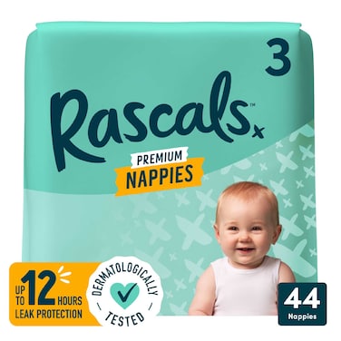 Rascals Premium Taped Nappies, Size 3 (6-11 kg), 44 Count - Hydrolock Core