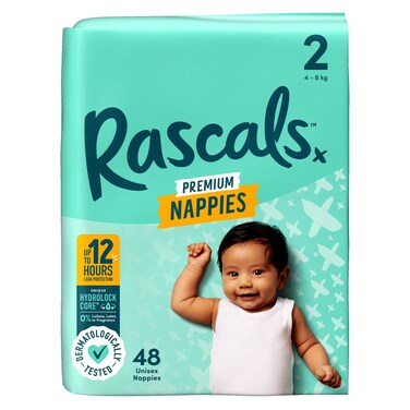 Rascals Premium Taped Nappies, Size 2 (4-8 kg), 48 Count - Hydrolock Core