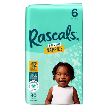 Rascals Premium Taped Nappies, Size 6 (15-20 kg), 30 Count - Hydrolock Core