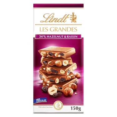 Lindt Les Grandes Milk Chocolate with 34% Hazelnuts and Raisin, 150g