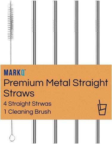 Stainless Steel Drinking Straws Set &acirc;&euro;&ldquo; 4 Straight Reusable Straws with 1 Cleaning Brush, Compatible with All Size Tumblers, Suitable for Smoothies, Coffee, Juices