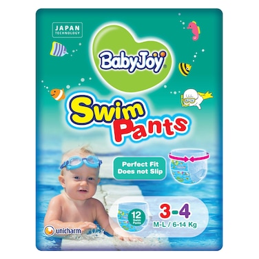 BabyJoy Swim Pants,Double Standing Leak Guard, Size 3-4 Medium/Large (6-14 kg), 12 Count