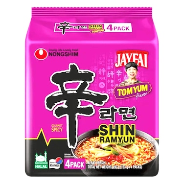 نونغشيم شين رامن نودلز فاخرة بطعم جاي فاي توم يوم الحار، 123 غرام حزمة من 4