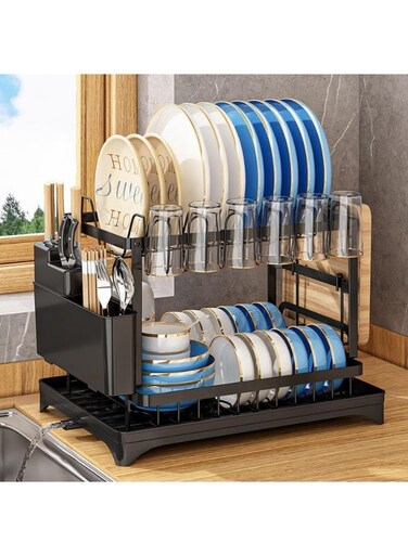 Trade Sustainable Modern Metal Kitchen Dish Rack with Drain Storage, Countertop Chopsticks and Cup Multifunction Rack