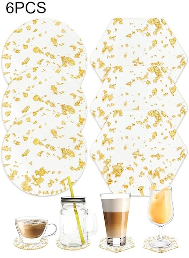 D 6-piece acrylic coaster set, round and hexagonal, reusable tabletop decoration, suitable for home counters, kitchens, dining rooms, living rooms, patios, coffee tables (transparent)