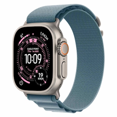 Apple Watch Ultra 3 49 mm Smartwatch, GPS + Cellular, Natural Titanium Case with Light Blue Alpine Loop, Large