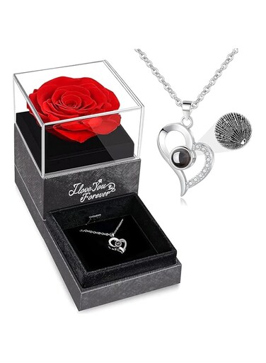 Aputue Preserved Rose, Eternal Red Rose Flower Gift Box, Fascinating Rose with Heart Necklace, The Rose for Women, Handmade Forever Rose Romantic Gifts for Her Women Wife, Mother's Day