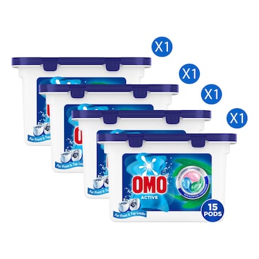 Omo Active 3-in-1 Laundry Capsules for Front and Top Loader Washing Machine, Eucalyptus Freshness, 15 Capsules Pack of 4
