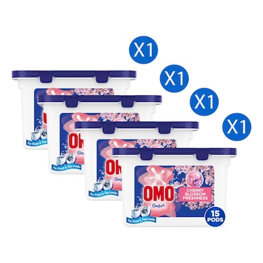 Omo Active 3-in-1 Laundry Capsules for Front and Top Loader Washing Machine, Cherry Blossom Freshness, 15 Capsules Pack of 4