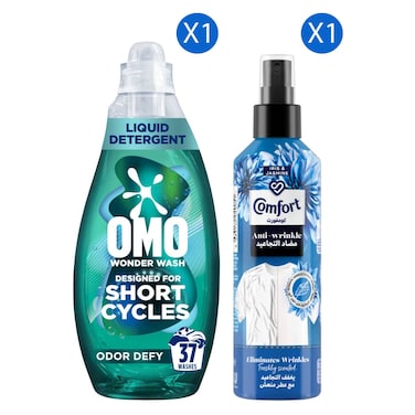 Omo Wonder Wash Laundry Liquid Detergent, Odour Defy, 1480ml (37 Washes) + Comfort Anti-Wrinkle Spray, Iris and Jasmine, 200ml