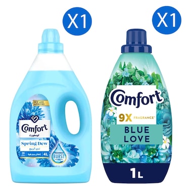 Comfort Fabric Softener, Spring Dew, 4L (36 Washes) + Fabric Softener Concentrate, Blue Love, 1L