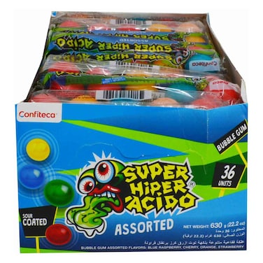 Confiteca Super Hiper Acido Mixed Flavours Bubble Gum, 17.5g Pack of 36