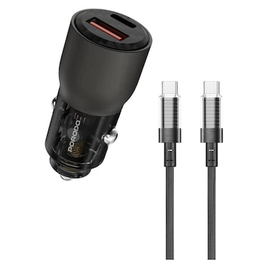 Porodo USB A and USB C Port Car Charger with Type C to C Cable, Grey, 95W