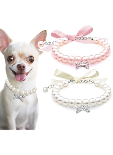 2 Pcs Dog Cat Pearl Collar Necklace with Rhinestone Bone, Fancy Cat Wedding Collar Jewelry for Girl Cat Puppy Dogs Accessories(Pink+White)