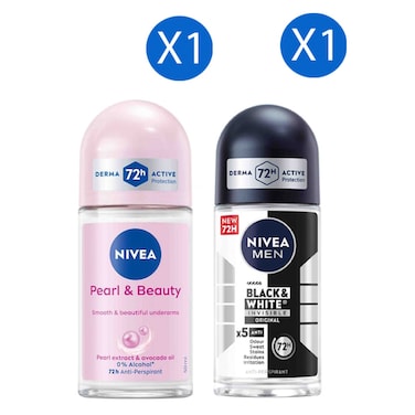Nivea Pearl &amp; Beauty Anti-Perspirant Deodorant Roll-on, 50ml + Men Black &amp; White Invisible Anti-Perspirant Deodorant Roll-on, Original, 50ml