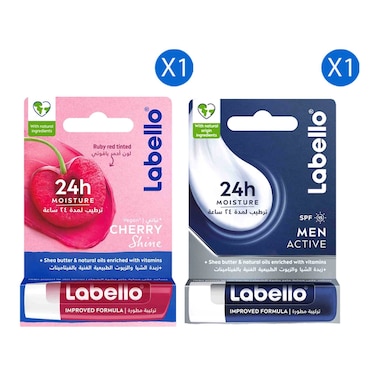 Labello Lip Balm, Cherry Shine, 4.8g + Men Active Lip Balm SPF 15, 4.8g