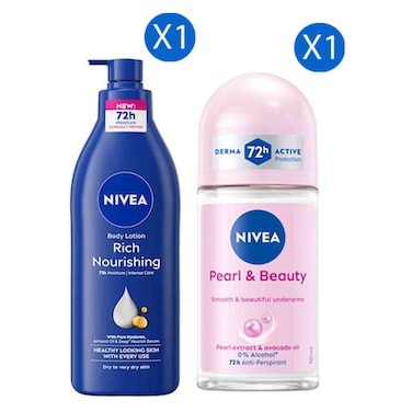 Nivea Rich Nourishing Body Lotion for Dry To Very Dry Skin, 400ml + Pearl &amp; Beauty Anti-Perspirant Deodorant Roll-on, 50ml