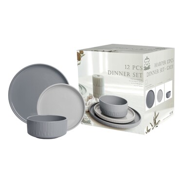 شالو من إس آند أي هاربر طقم عشاء ، 12 قطعة - رمادي
