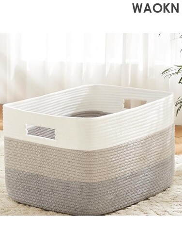 Blanket Basket , Rectangle Woven Baskets for Storage , 38*30*25CM , Laundry Basket for Decorative Nursery Blanket , Toys , Dirty Clothes and Magazine in Shelves , Baby Room , and Living Room , grey .