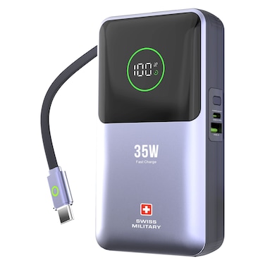 Swiss Military LED Portable Power Bank with USB-C Built-in Charging Cable, Silver, 10000 mAh, 35 W