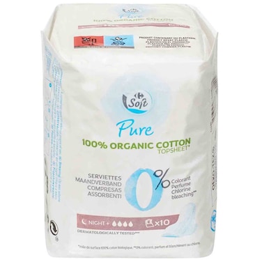 Carrefour Soft Pure Sanitary Pads, 100% Organic Cotton Topsheet, Night+, 10 Pads