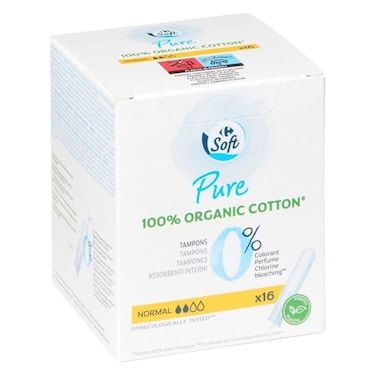 Carrefour Soft Pure Cotton Tampons and Applicator, Normal, 16 Tampons