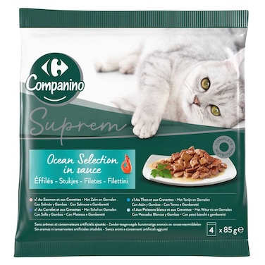 Carrefour Companino Adult Wet Cat Food Ocean Selection Fish and Shrimp in Sauce, 85g, Pack of 4
