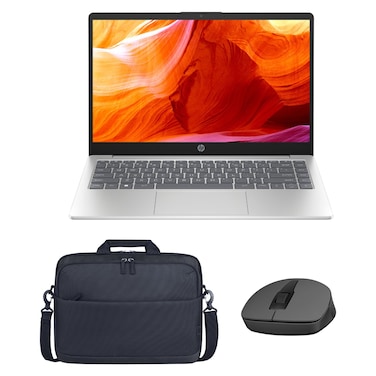 HP 14-em0027AU Laptop, AMD Ryzen 5 7520U, 16GB RAM, 512GB SSD, 14-Inch FHD, AMD Radeon Graphics Card, Windows 11 Home, Natural Silver + Laptop Bag and Wireless Mouse Bundle