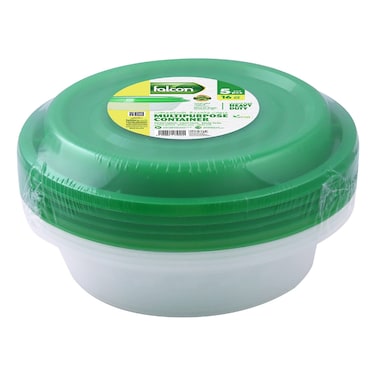 Falcon, 5 Pcs Round Clear Multipurpose Container with Green Lid, Microwave Safe, 473ml