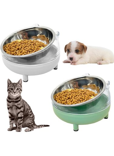 NALACAL 2Pcs Raised Cat Bowl, 15&deg; Slanted Elevated Dog and Cat Bowls Set, Stainless Steel Kitten Food Water Bowls, Non-Slip Detachable Pet Feeder for Indoor Cats Dogs, White&amp;Green