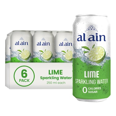Al Ain 0 Calories Sugar Lime Sparkling Water Can, 250ml Pack of 6