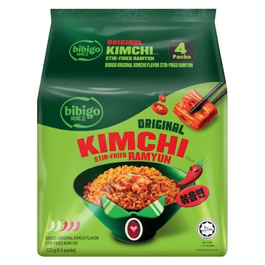Bibigo Original Kimchi Flavour Stir-Fried Ramyun, 122g Pack of 4