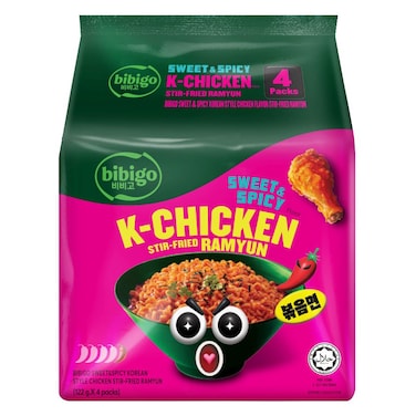 بيبيغو راميون مقلي بنكهة دجاج كوري حلو وحار، 122 غرام، حزمة من 4