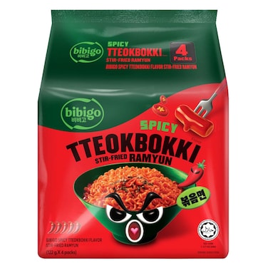Bibigo Spicy Tteokbokki Flavour Stir-Fried Ramyun, 122g Pack of 4