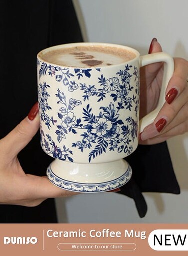 Ceramic Coffee Mug, 420ml Large Practical Family Coffee Cup,Tea Cup With Handle,Blue And White Porcelain Coffee Mug Tea Cup, Milk, Beer, Microwave &amp; Dishwasher Safe,Aesthetic Coffee Cups Ceramic for Home or Office