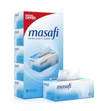 Masafi Pure Soft Care White Facial Tissue Box 2 Ply, 170 Tissues Pack of 5