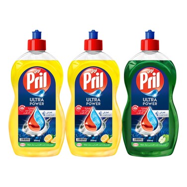 Pril Ultra Power Dishwasher Liquid, Lemon, 500ml Pack of 2 + Ultra Power Dishwasher Liquid, Green Apple, 500ml