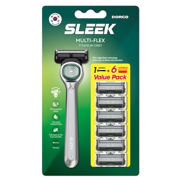 Dorco Sleek Multi-Flex Razor Handle, Titanium Grey + 6 Blades