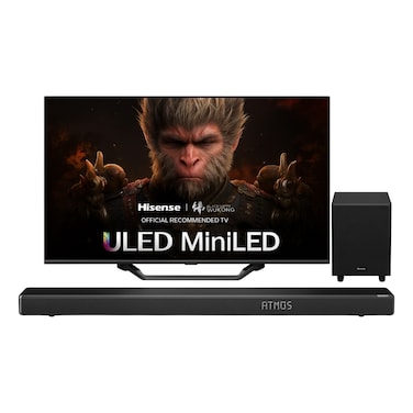 Hisense 55-Inch 4K Ultra HD, Smart Mini LED TV, 55U7N, Black + Hisense HS2100, 2.1 Channel Cinema Bluetooth Soundbar with Subwoofer and Remote, Black