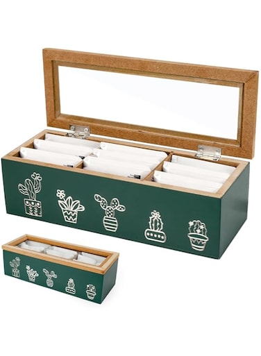 Azonee Tea Bag Organizer, Wood 3 Compartment Tea Bag Organizer for Counter,Farmhouse Tea Bag Holder Storage Box with Lid,Tea Chest for Organizer and Display Tea Bags, Green