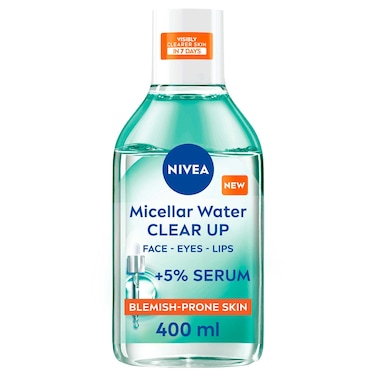 NIVEA Clear Up Serum-Infused Micellar Water 400ml, Face Cleanser for Blemish-Prone Skin, Makeup Remover Featuring 5% Serum with PHA, Salicylic Acid, and Niacinamide
