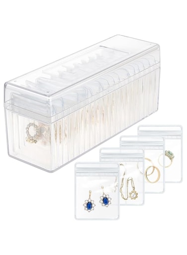 KASTWAVE Acrylic Jewelry Box Organizer, Clear Jewelry Holder with 20 Portable Anti-Tarnish Bags, Travel Jewelry Case for Earrings, Rings, Necklaces, Ideal for Women and Girls, Durable and Stylish