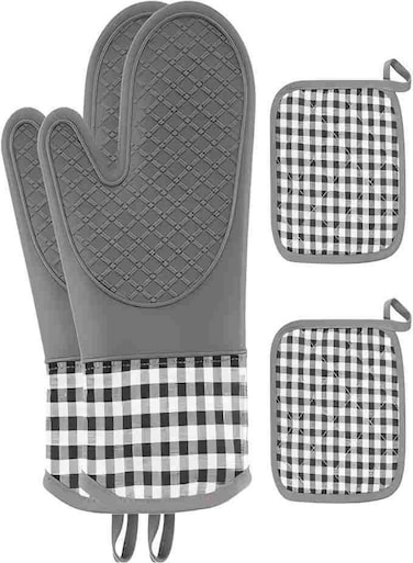 Mitts and Pot Holders 4pcs Set, Kitchen Oven Gloves, Heat-Resistant Baking Gloves, Non Slip Silicone Gloves for Cooking and Barbecue (Gray)
