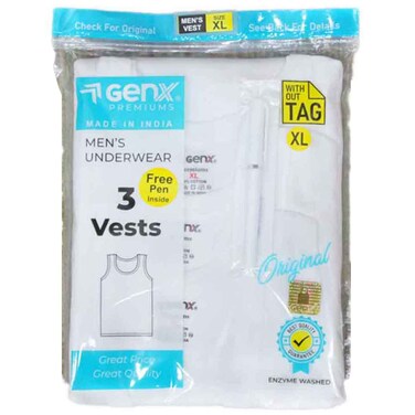 GenX Men Cotton Vest, White, HM-GXMVT3-WHT, XL, Pack of 3