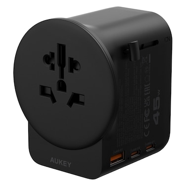 Aukey GlobeMate USB Port GaN Universal Travel Adapter, Grey, 45 W